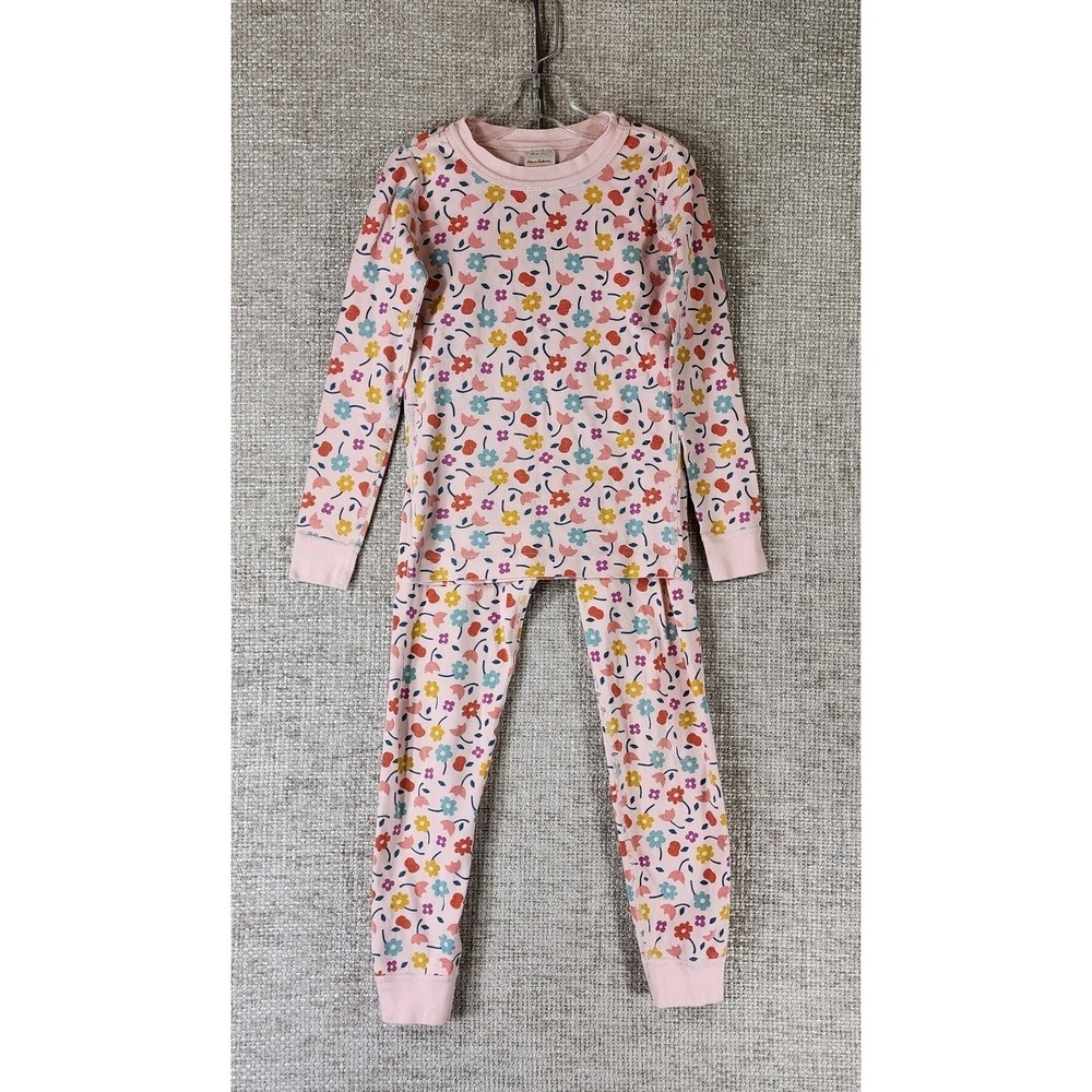 Hanna Andersson Pink Flowers Pajama Set Kids 6-7 Stretch Knit Organic Cotton